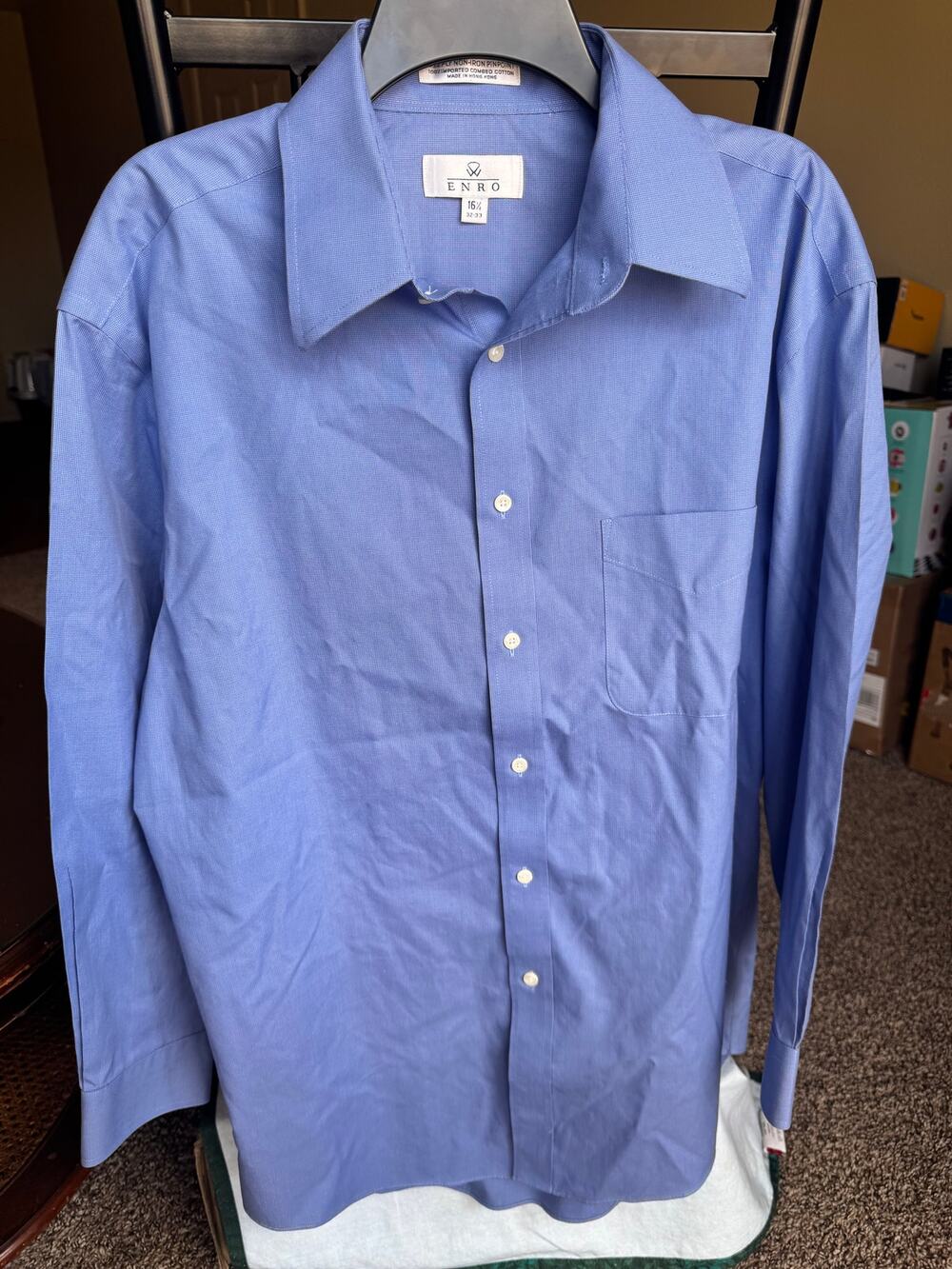 ENRO Non-Iron Pinpoint Dress Shirt Blue Men’s 16.5 Large Long Sleeve Button Up